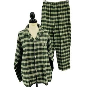 Northwest Territory Flannel Pajama Mens XL Green Plaid Snap Button 2pc Lounge XL